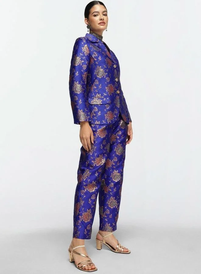 آي شين Women's Blue Silk Blend Printed Button Down Top With Cropped Palazzo Straight Co-Ords