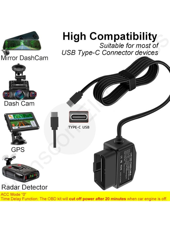 TLAXCA Dash Cam Hardwire Kit OBD, Type C Dash Camera Hardwire Kit USB C with OBD Power Cable for Dashcam 12-24V to 5V/3A with Low Voltage Protection 24h Parking Surveillance/Acc Mode for Dashcam, GPS, Radar（Not work with EV Car and Electric Vehicle）  - Image 2