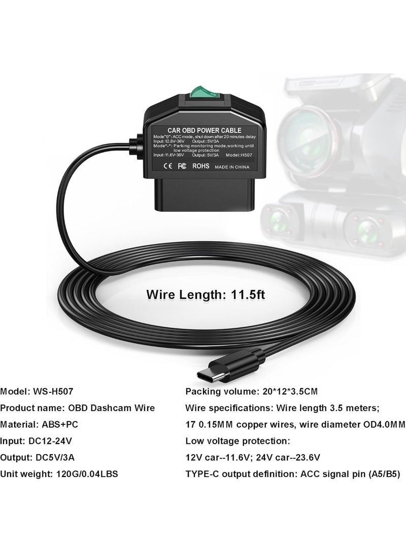 TLAXCA Dash Cam Hardwire Kit OBD, Type C Dash Camera Hardwire Kit USB C with OBD Power Cable for Dashcam 12-24V to 5V/3A with Low Voltage Protection 24h Parking Surveillance/Acc Mode for Dashcam, GPS, Radar（Not work with EV Car and Electric Vehicle）  - Image 4