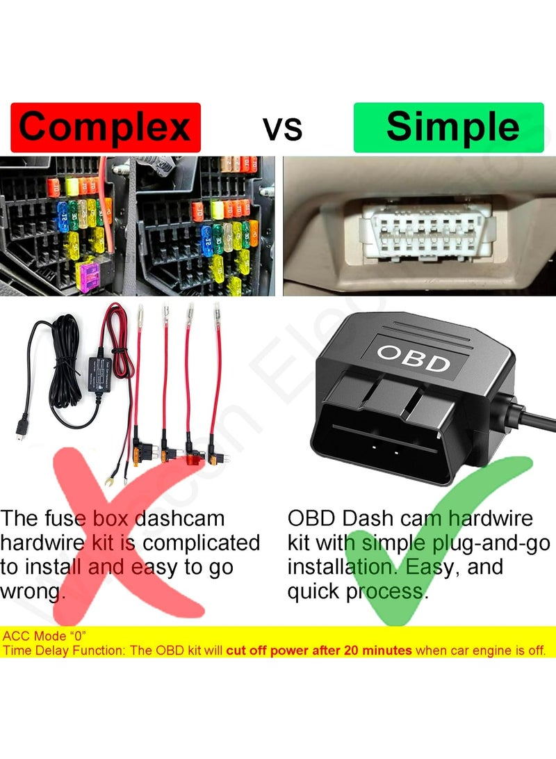 TLAXCA Dash Cam Hardwire Kit OBD, Type C Dash Camera Hardwire Kit USB C with OBD Power Cable for Dashcam 12-24V to 5V/3A with Low Voltage Protection 24h Parking Surveillance/Acc Mode for Dashcam, GPS, Radar（Not work with EV Car and Electric Vehicle）  - Image 3