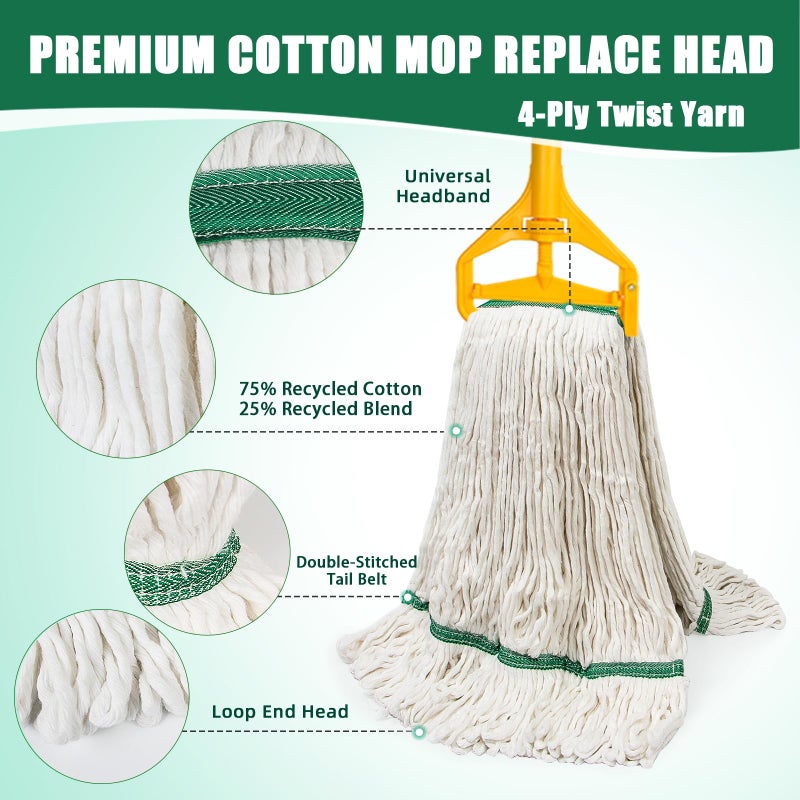 kCarpoly 3 Pack Heavy Duty Commercial Industrial Mop Replacement Heads with 48'' Long Handle, 20oz Looped-End String Wet Cotton Mops Refills for Home,Garage,Office and Kitchen - Image 2