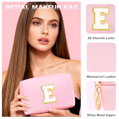 Awfrky Initial Makeup Bag Birthday Gifts for Girls 4 5 6 7 8 9 10 11 12 Year Old Teen Girls Personalized Teen Girl Gifts Preppy Cosmetic Bags Cute claw clips for Kids Women Pink E - Image 3