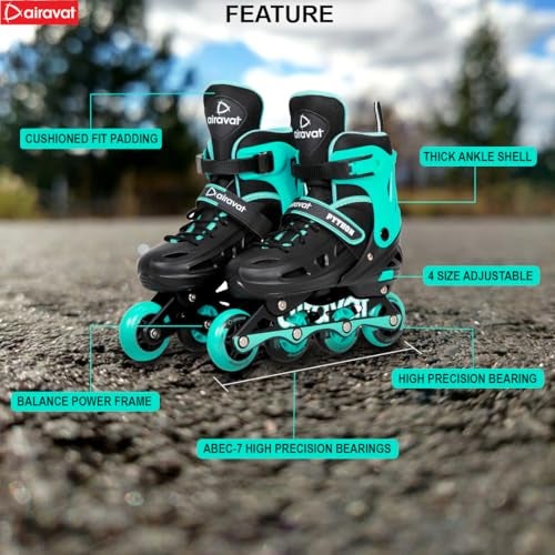 Airavat Python 7706 Inline Skates with 4 PU Wheels, ABEC-7 Bearings, Adjustable Size (35-38), Aluminum Frame, and PVC Shell. Ideal for Boys and Girls. Smooth, Durable Ride in Black-Teal. - Image 3