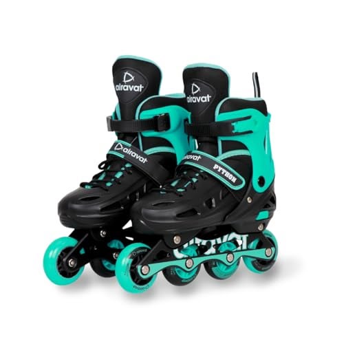 Airavat Python 7706 Inline Skates with 4 PU Wheels, ABEC-7 Bearings, Adjustable Size (35-38), Aluminum Frame, and PVC Shell. Ideal for Boys and Girls. Smooth, Durable Ride in Black-Teal. - Image 1