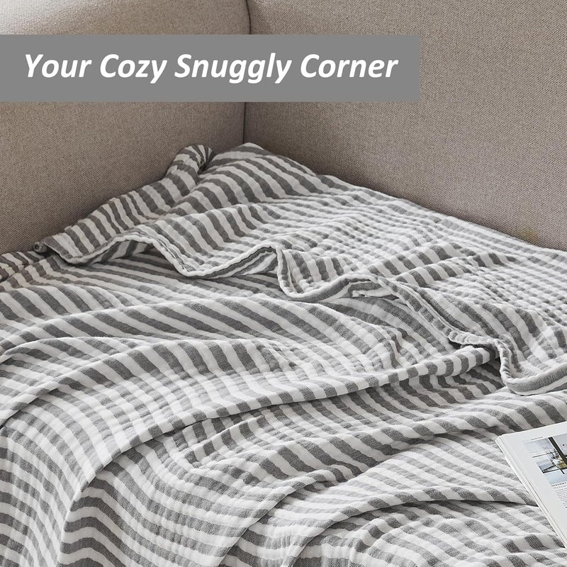 EMME Cotton Muslin Queen Blanket Bed Layering Bedspread Coverlet Breathable Gauze Soft Lightweight Adults (Striped Grey, 90"x90") - Image 4