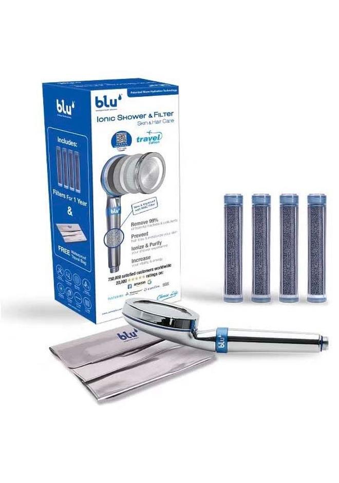 Blu رأس دش بلو الأيوني وفلتر الدش - محمول - إصدار السفر 10 سم - يزيل الكلور والملوثات الضارة - يمنع تساقط الشعر ويرطب بشرتك، كروم - Image 1