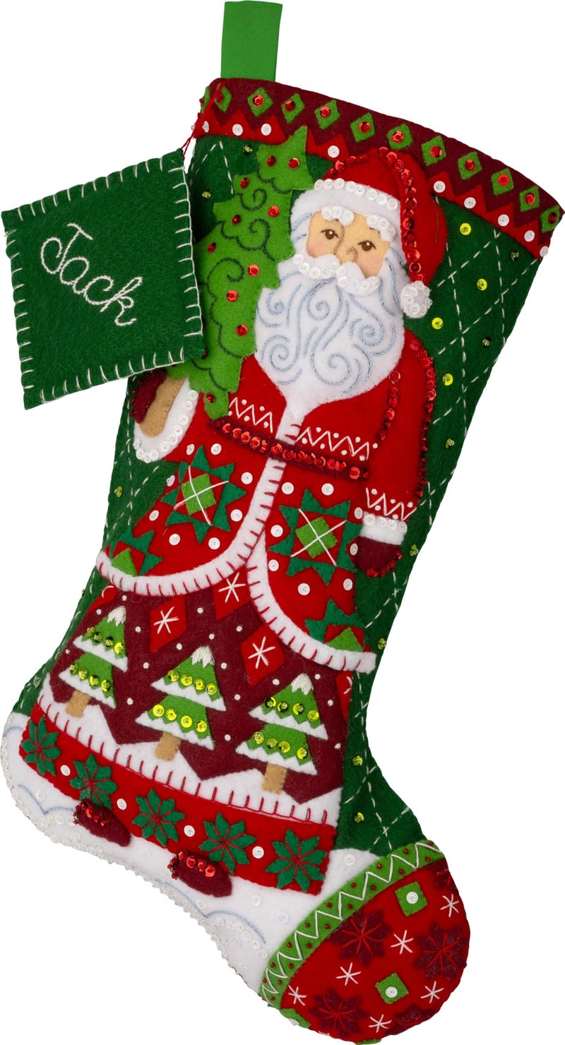 Bucilla Felt Applique 18" Stocking Making Kit, Santa's Quilted Delight, Perfect for DIY Arts and Crafts, 89734E - Image 1