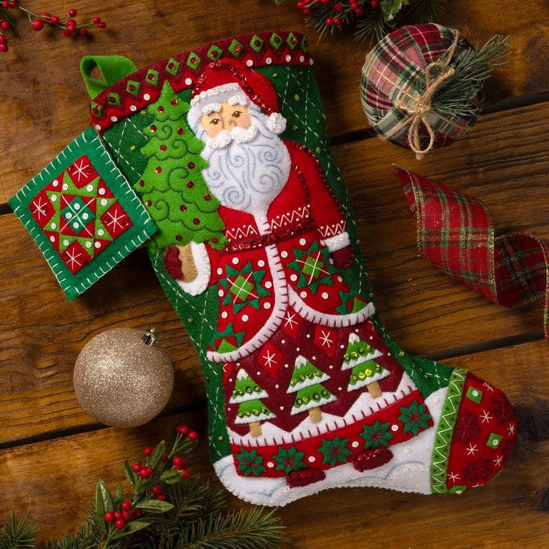Bucilla Felt Applique 18" Stocking Making Kit, Santa's Quilted Delight, Perfect for DIY Arts and Crafts, 89734E - Image 3