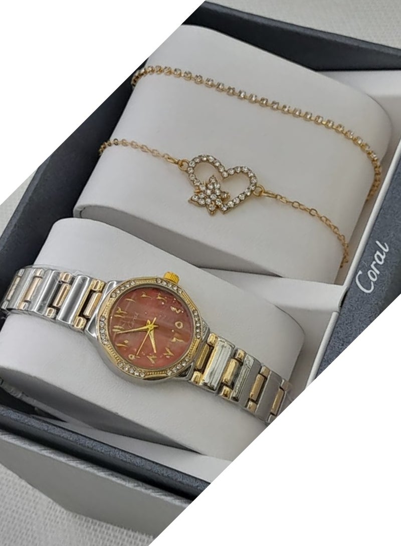 كورال طقم ساعة نسائي  بتصميم انيق مكون من -ساعة - -مع مجموعة اساور