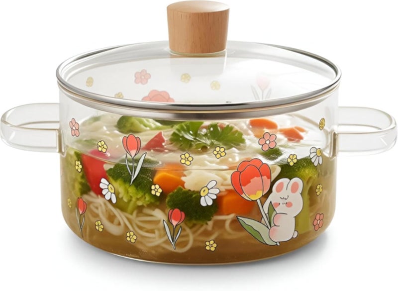 Kitchen Essential - Borosilicate Glass Saucepan with Lid, 2L Capacity, Handi for Cooking, Compatible with Induction & Microwave, Elegant Flower Print, for Noodles, Rice & More