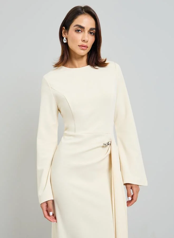 Take Two Beige Solid Midi Dress with Long Sleeves and Ruffle Detail