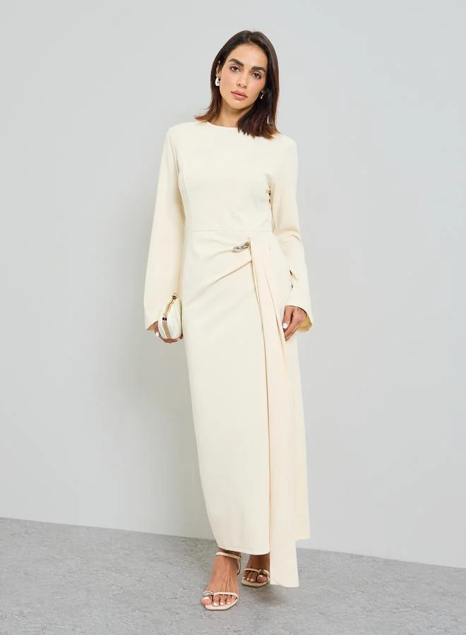 Take Two Beige Solid Midi Dress with Long Sleeves and Ruffle Detail