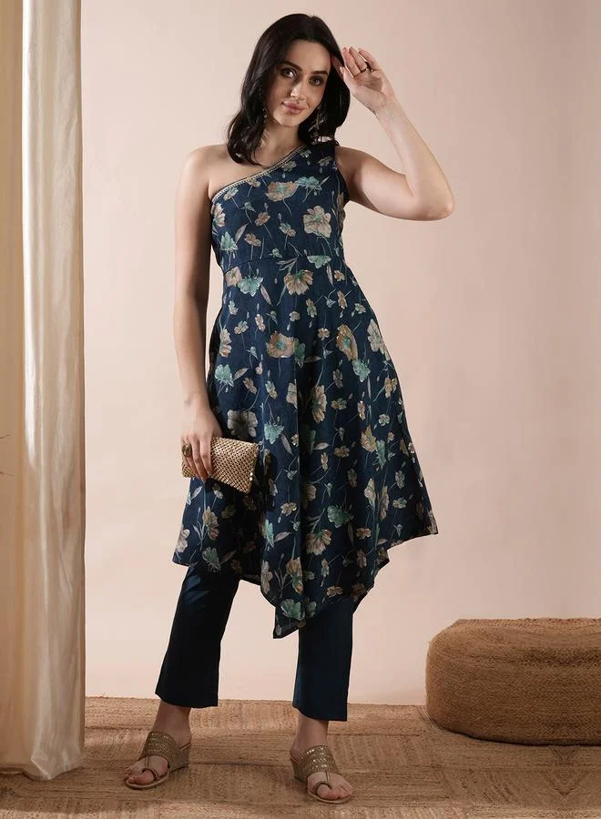 globus Globus Floral Print One Shoulder Asymmetric Hem A-Line Kurta and Pants Co-Ords