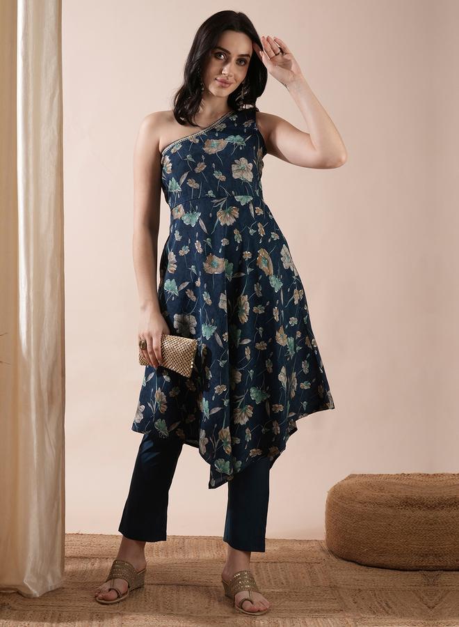 globus Floral Print One Shoulder Asymmetric Hem A-Line Kurta and Pants Co-Ords - Image 1