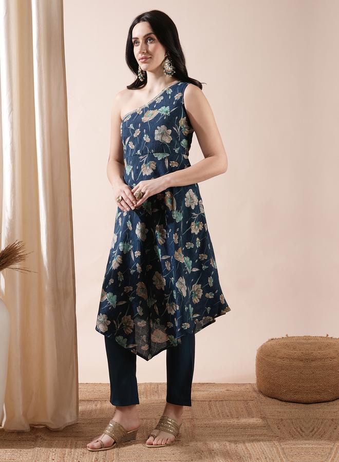 globus Floral Print One Shoulder Asymmetric Hem A-Line Kurta and Pants Co-Ords - Image 2