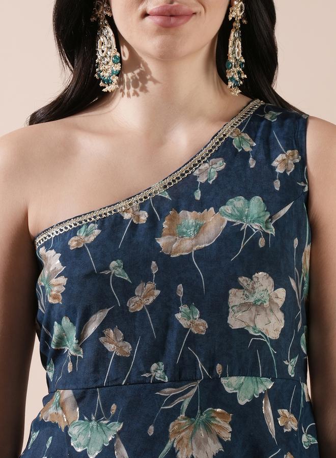 globus Floral Print One Shoulder Asymmetric Hem A-Line Kurta and Pants Co-Ords - Image 4