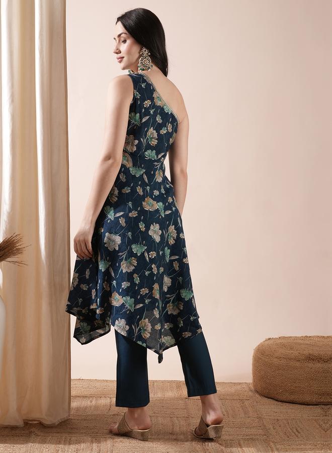 globus Floral Print One Shoulder Asymmetric Hem A-Line Kurta and Pants Co-Ords - Image 3