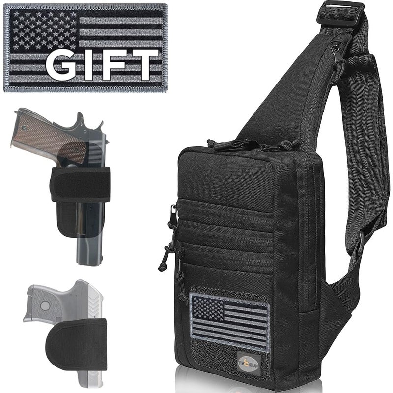 TECEUM Tactical Compact Sling Bag with patch â€“ CCW for Everyday â€“ For R&L Hand â€“ Shoulder Crossbody Bag for Concealed Carry of Handgun â€“ Pack (Black) - Image 1