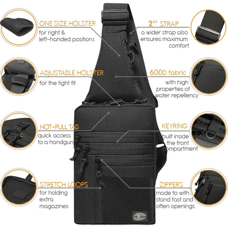TECEUM Tactical Compact Sling Bag with patch â€“ CCW for Everyday â€“ For R&L Hand â€“ Shoulder Crossbody Bag for Concealed Carry of Handgun â€“ Pack (Black) - Image 5
