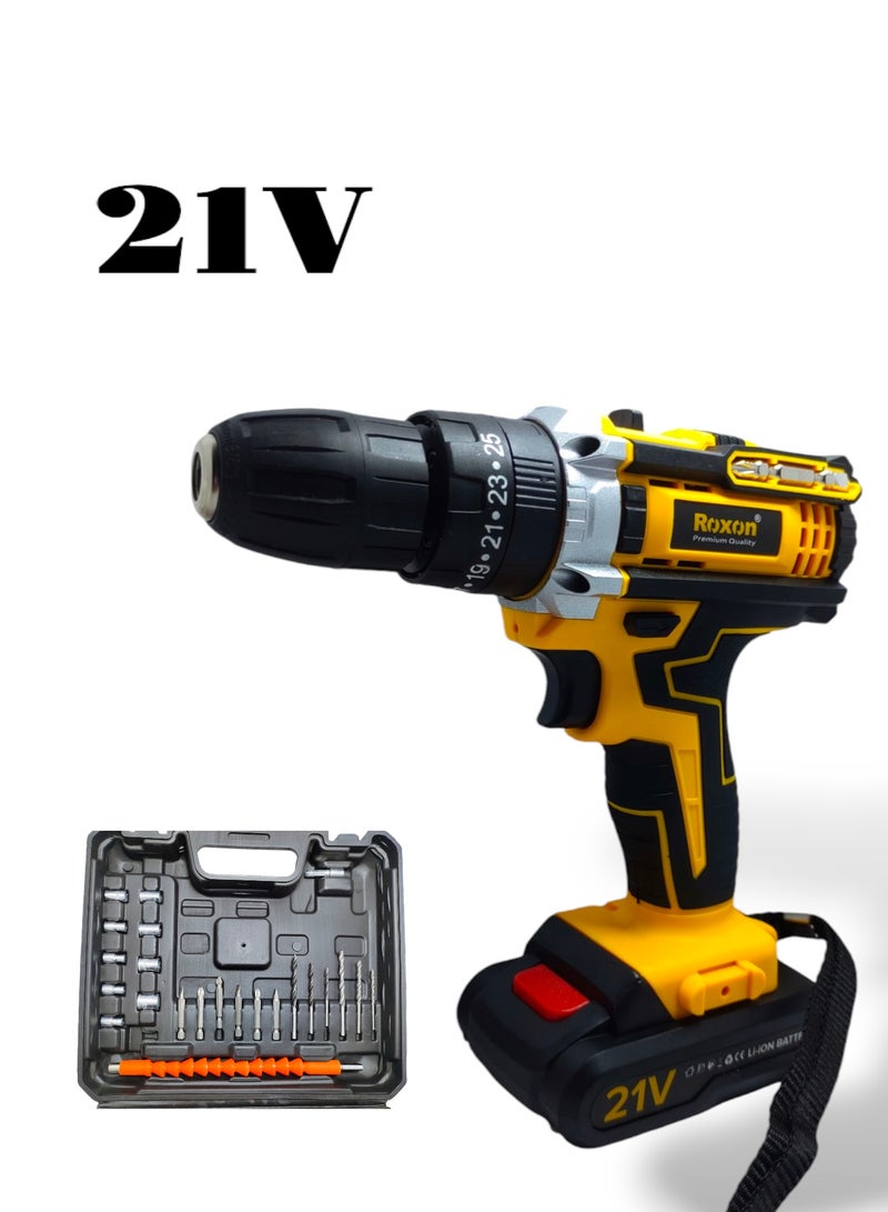 روكسون مثقاب لاسلكي 21 فولت، بطاريتان ليثيوم أيون بقدرة 1500mAh  وشاحن وملحقات وريش مثقاب 24 قطعة RX-21VCD أصفر/أسود - Image 1
