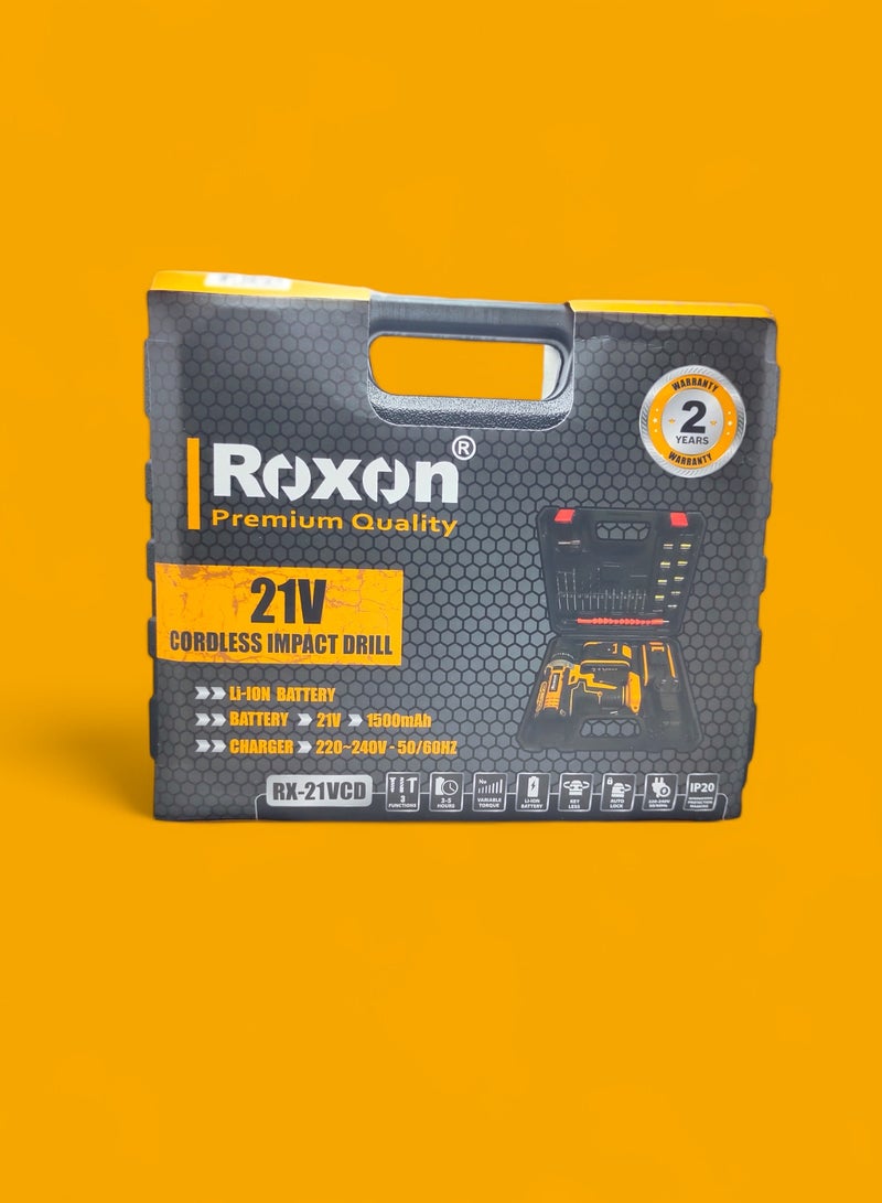 روكسون مثقاب لاسلكي 21 فولت، بطاريتان ليثيوم أيون بقدرة 1500mAh  وشاحن وملحقات وريش مثقاب 24 قطعة RX-21VCD أصفر/أسود - Image 3