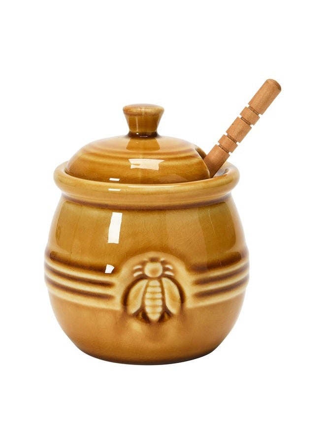 Creative Co-op Farmhouse Embossed Stoneware Honey Pot with Wood Honey Dipper, Amber Orange - Image 1
