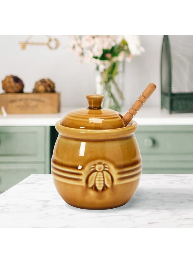 Creative Co-op Farmhouse Embossed Stoneware Honey Pot with Wood Honey Dipper, Amber Orange - Image 2