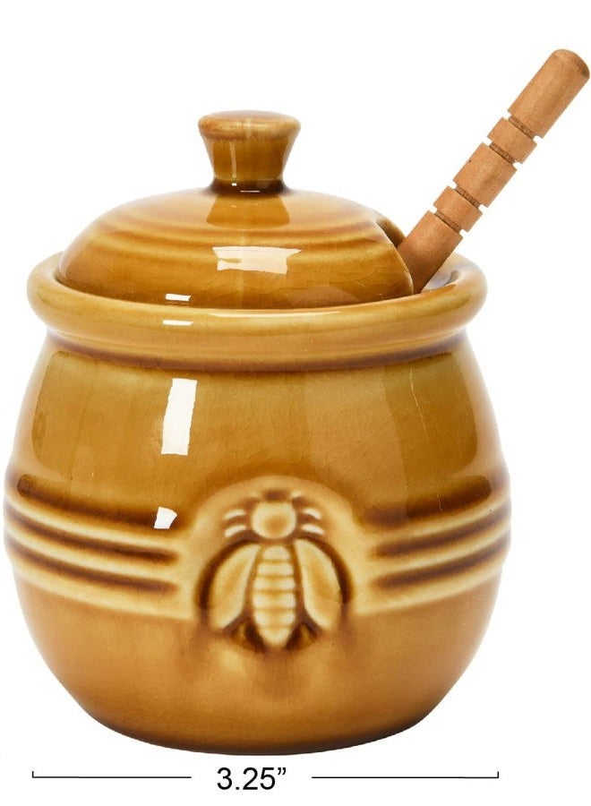 Creative Co-op Farmhouse Embossed Stoneware Honey Pot with Wood Honey Dipper, Amber Orange - Image 3