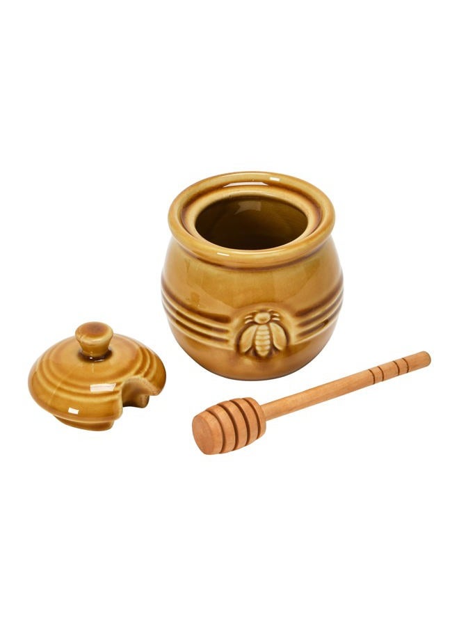 Creative Co-op Farmhouse Embossed Stoneware Honey Pot with Wood Honey Dipper, Amber Orange - Image 4