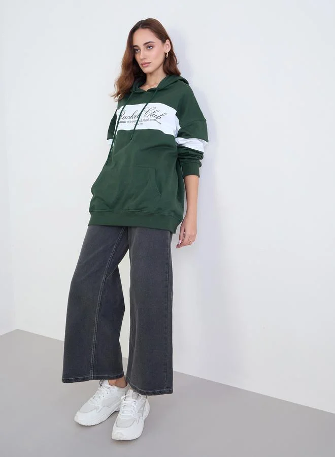 Styli Styli Dark Green Color Block Hoodie