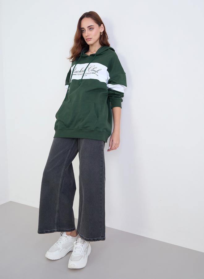 ستايلي هودي بتصميم ألوان متداخلة أخضر داكن - Image 2