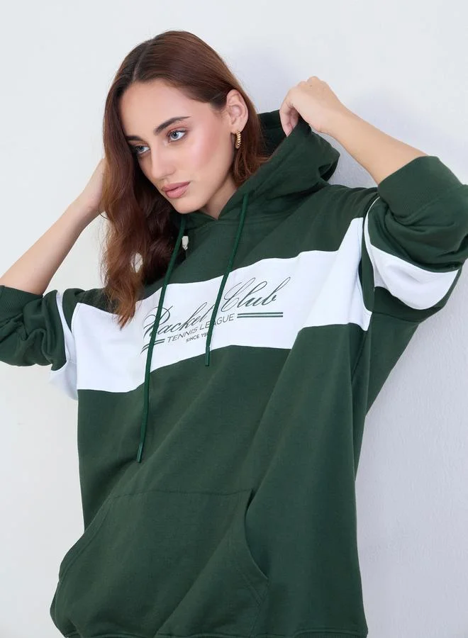 Styli Styli Dark Green Color Block Hoodie