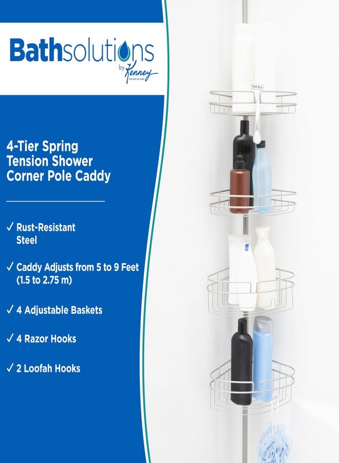 Kenney KN61519 Adjustable Height (5'-9') Spring Tension Metal Corner Pole Shower Caddy with 4 Adjustable Rust-Resistant Basket Shelves, Towel Bars, and Razor Holders for Bathroom Shower, Satin Nickel - Image 2