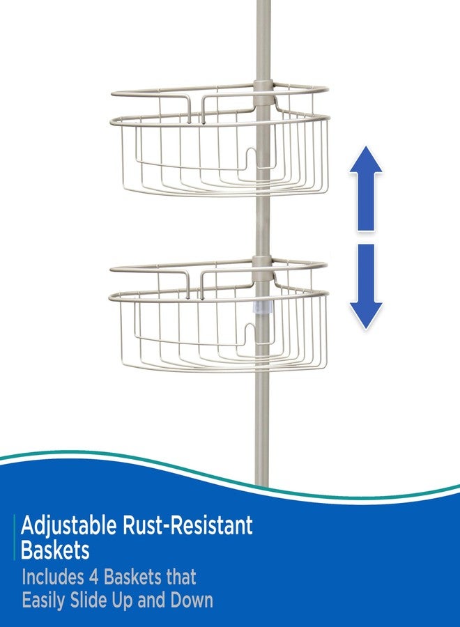 Kenney KN61519 Adjustable Height (5'-9') Spring Tension Metal Corner Pole Shower Caddy with 4 Adjustable Rust-Resistant Basket Shelves, Towel Bars, and Razor Holders for Bathroom Shower, Satin Nickel - Image 5