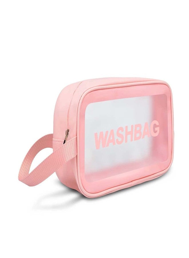 TS WITH TECHSUN PVC Makeup Pouch Travel Toiletries Organizer Cosmetic Bags Portable Organizer Case Carry Pouch for Women Bathroom, Travel Essentials, Toiletry Bag (Small, Pink) - Image 1