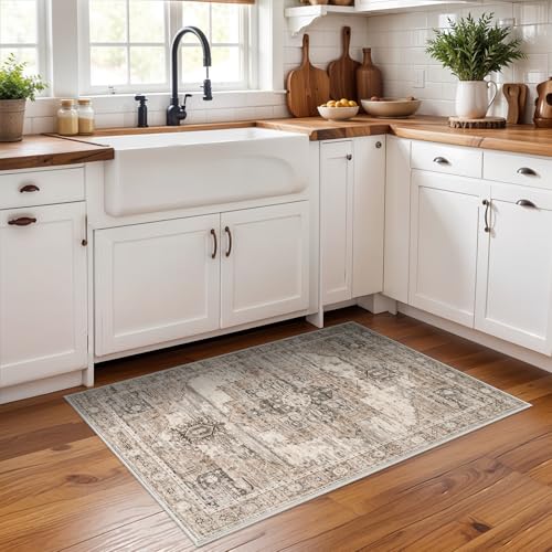 RUUGME Washable 2x3 Area Rugs - Large Boho Rugs for Living Room Stain Resistant Carpet Vintage Tribal Rugs for Bedroom Kitchen Bathroom with Non Slip Backing Home Decor Floor Decoration Mat 2x3 Beige - Image 2