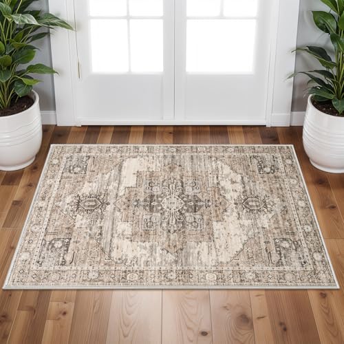 RUUGME Washable 2x3 Area Rugs - Large Boho Rugs for Living Room Stain Resistant Carpet Vintage Tribal Rugs for Bedroom Kitchen Bathroom with Non Slip Backing Home Decor Floor Decoration Mat 2x3 Beige - Image 1