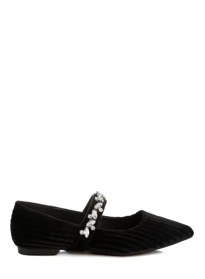 London Rag Diamante Brooch Velvet Ballerinas in Black