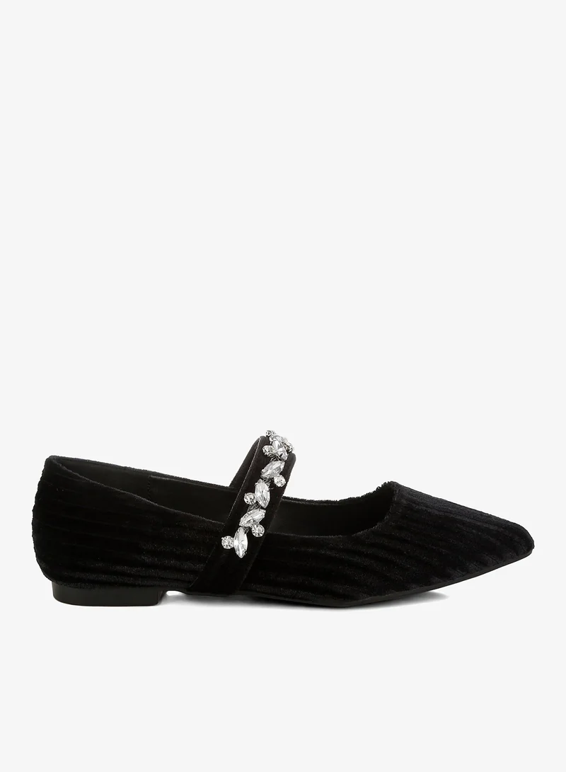 Diamante Brooch Velvet Ballerinas in Black