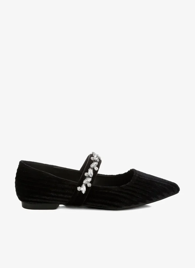 Diamante Brooch Velvet Ballerinas in Black