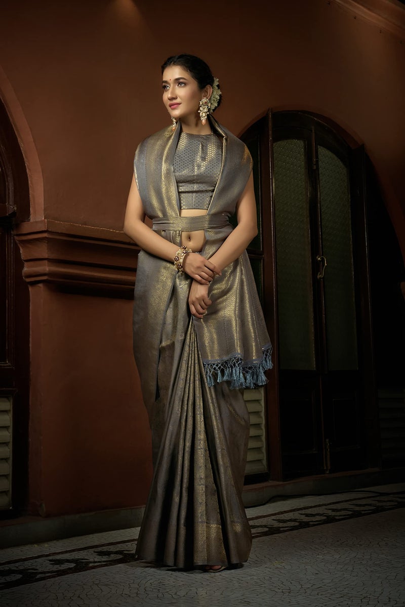 Vardha Women's Kanjivaram Art Silk Saree, Zari Woven, Copper, Unstitched Blouse - Grey Sari Asya Silk, 396 - Image 4
