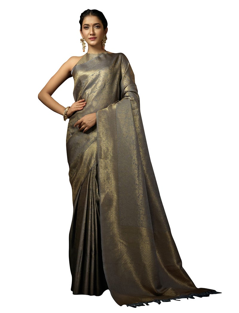 Vardha Women's Kanjivaram Art Silk Saree, Zari Woven, Copper, Unstitched Blouse - Grey Sari Asya Silk, 396 - Image 1