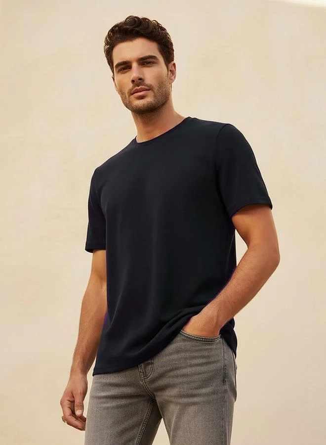 Iconic Iconic Slim Fit Textured Crew Neck T-shirt with Short Sleeves