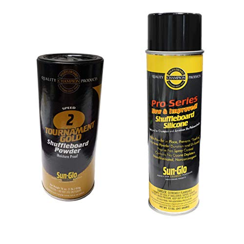 Sun-Glo Silicone Shuffleboard Spray (12 oz.) & Shuffleboard Powder - Speed 2 - Tournament Gold (16 oz.) Combo - Image 1