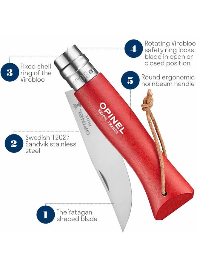 Opinel Colorama Series No. 8 - Stainless Steel Everyday Carry Folding Pocket Knife with Leather Strap, Painted Hornbeam Handles - Image 4