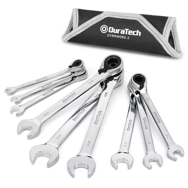 DURATECH Reversible Ratcheting Combination Wrench Set SAE 9Piece Open end Spanner with Rolling Pouch 14 to 34 12 Point CRV Steel