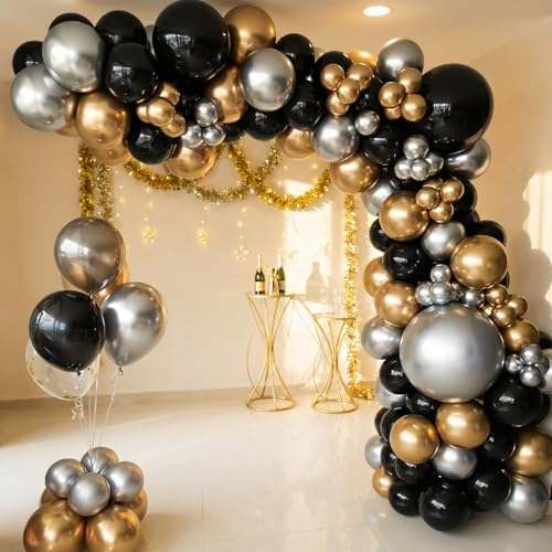 EASUTE 111PCS Black Gold and Silver Balloon Garland Arch Kit Metallic Black Metallic Gold Chrome Silver Latex Balloons Set for Birthday Graduation Bachelorette Wedding New Year Party Decoration - Image 1