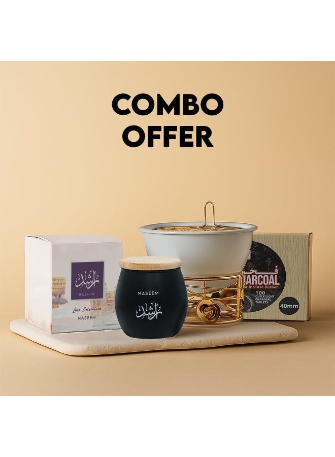 Naseem Luxury Oud Muattar Rashid Bakhoor Set with Premium Burner & 100 Charcoal Tablets for Home Fragrance