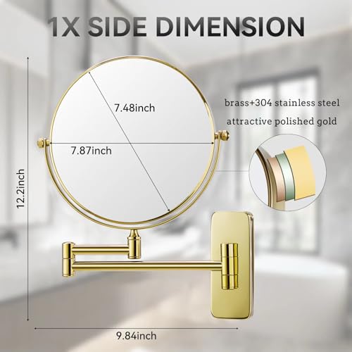 Nicesail Makeup Mirror, Wall Mounted 7X Magnifying Mirror Vanity Mirror for Bathroom, Extendable Swivel, Brass and 304 Stainless Steel Material for Hotel or Home, Gold Finish (8 Inch, 7X) - Image 4