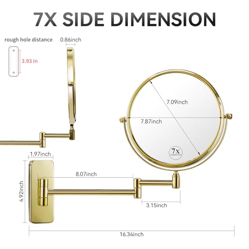 Nicesail Makeup Mirror, Wall Mounted 7X Magnifying Mirror Vanity Mirror for Bathroom, Extendable Swivel, Brass and 304 Stainless Steel Material for Hotel or Home, Gold Finish (8 Inch, 7X) - Image 3